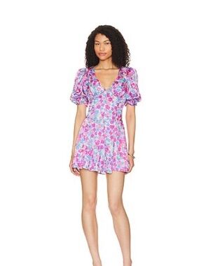 For Love and Lemons Floral V-Neck Puff Sleeve Mini Dress in Pink